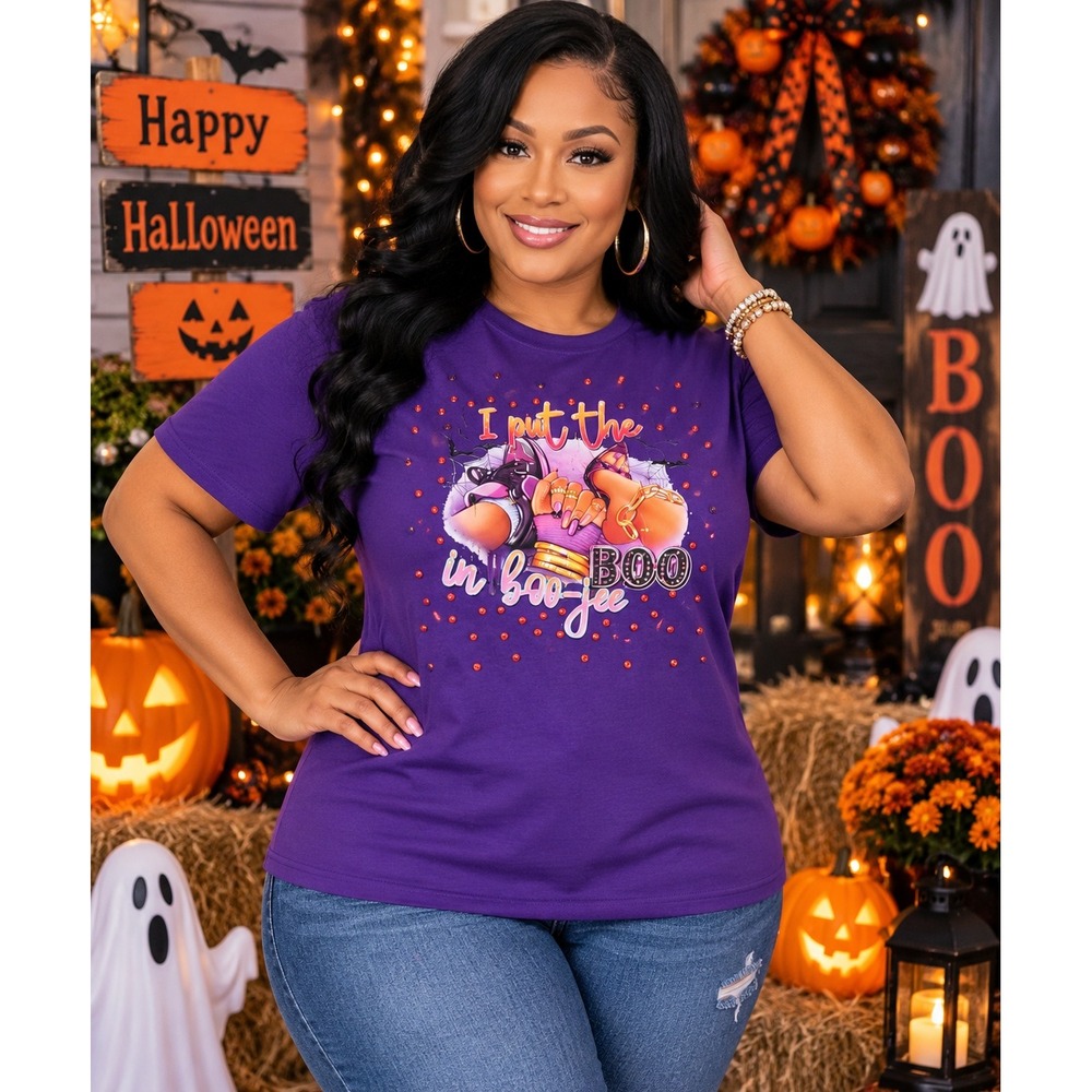 Gildan Heavy Cotton Purple Halloween Boo-jee Rhinestone Graphic T-Shirt Large